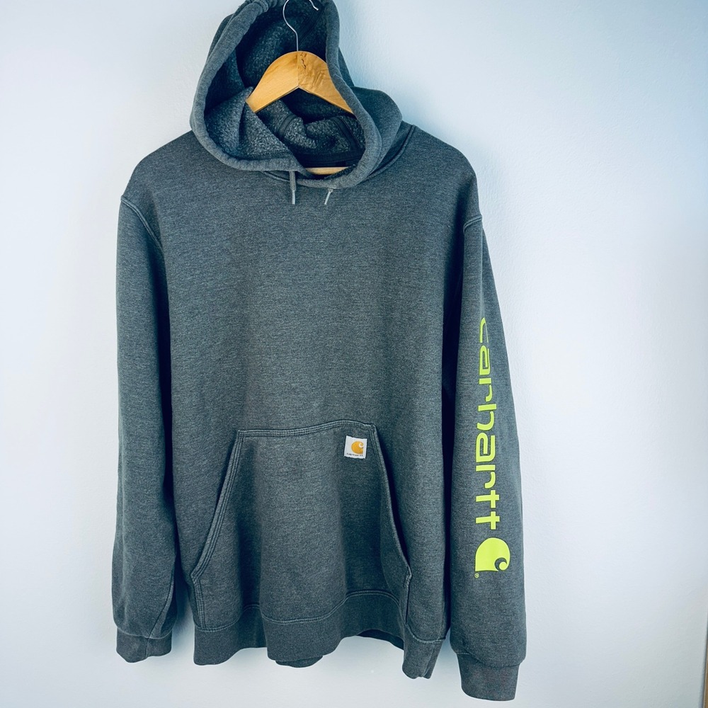 Carhartt K288 Loose Fit Hoodie Charcoal Gray Neon Green Logo Mens Large‎